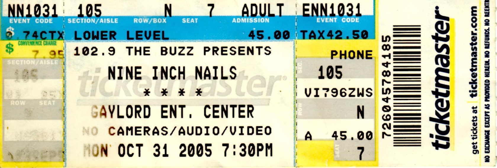 Nashville 10/31/2005 Ticket