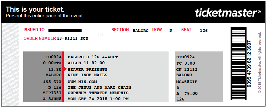 09/24/2018 Memphis Ticket