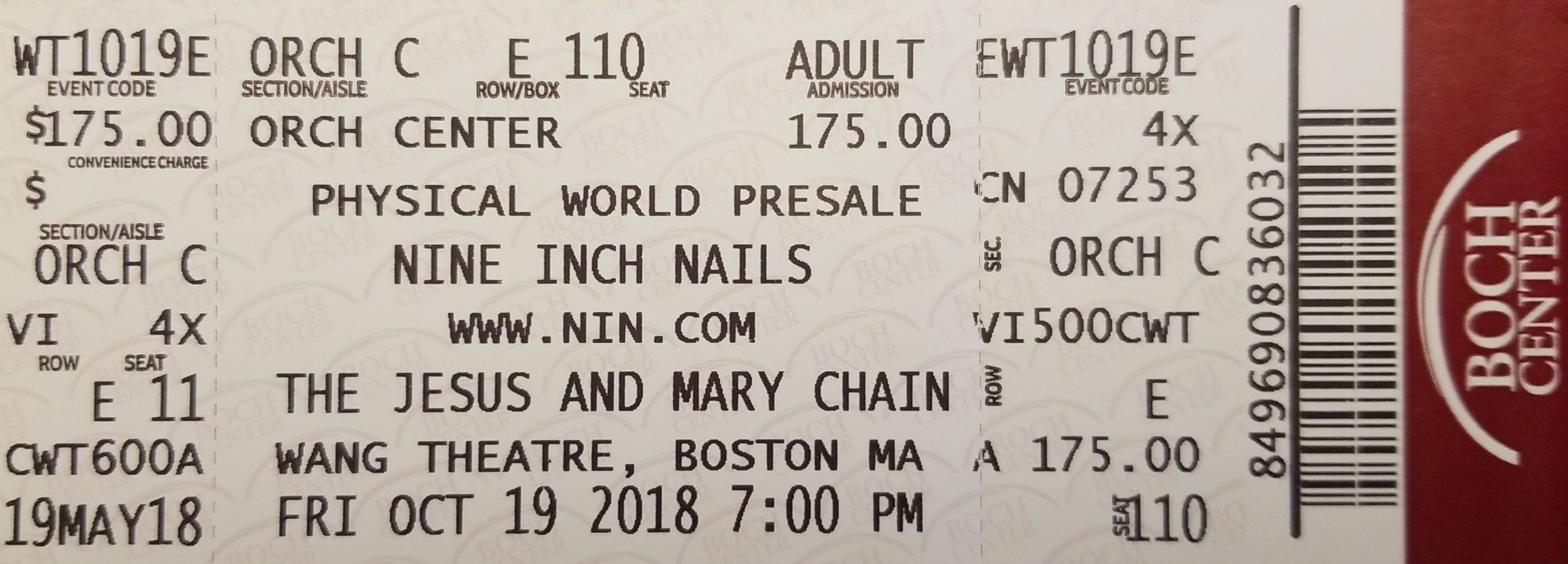 10/19/2018 Boston Night 2 Ticket