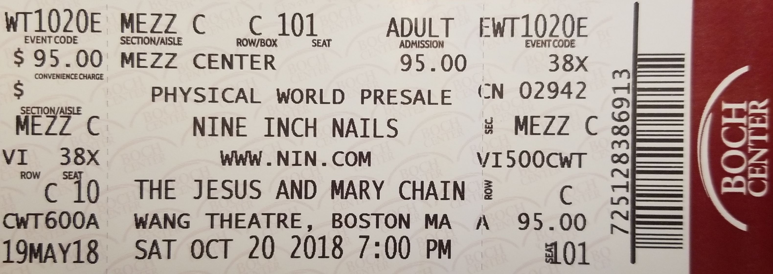 10/20/2018 Boston Night 2 Ticket